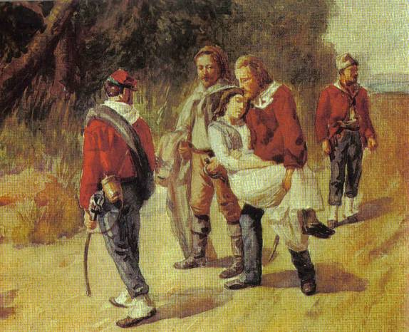 Giuseppe Garibaldi  carrega sua amada esposa, a brasileira Anita, na fuga de San Marino, na Itália, em 1849. Anita estava doente e morreria em seguida (foto da internet)